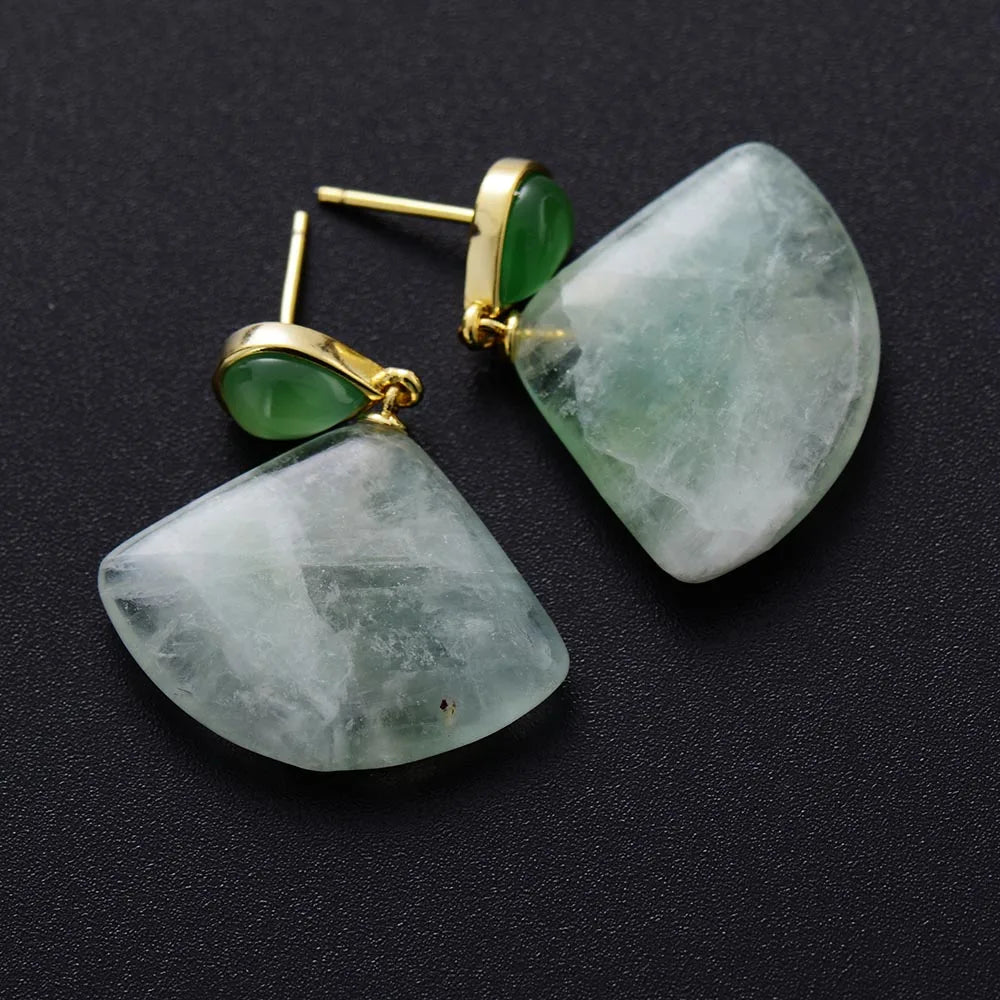VerdantArt Green Quartz Fan Earrings β Gold Plated & Natural Stone