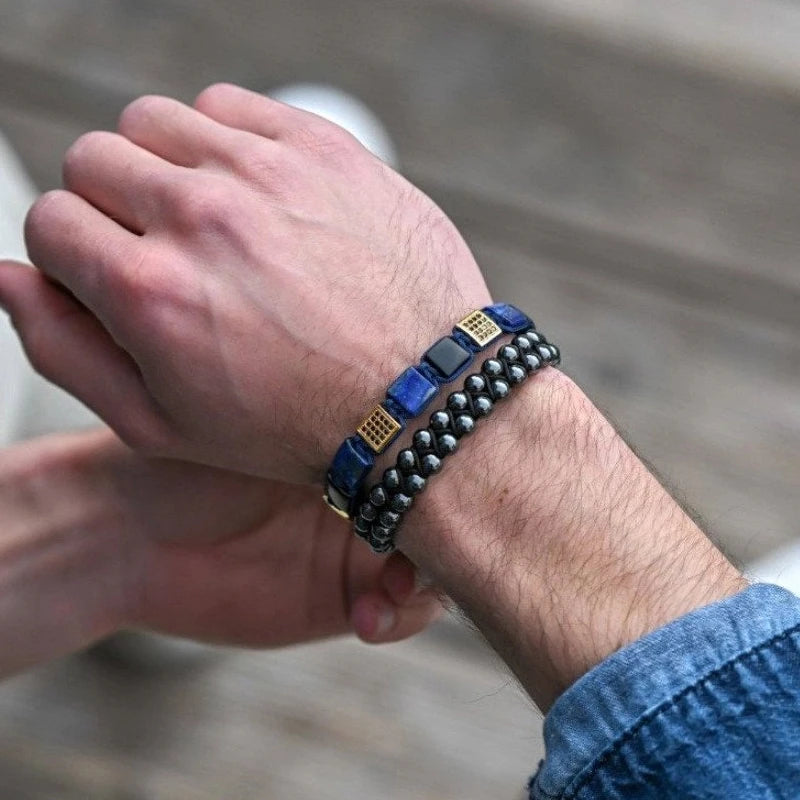 Bracelet StoneCraft à perles carrées — Pierres naturelles et design tressé