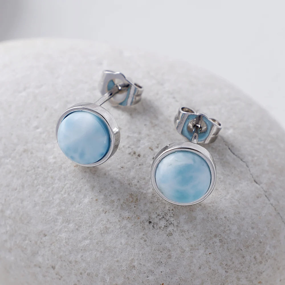 SerenityBlue Larimar Stud Earrings — Silver Plated & Natural Stone