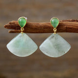 VerdantArt Green Quartz Fan Earrings — Gold Plated & Natural Stone