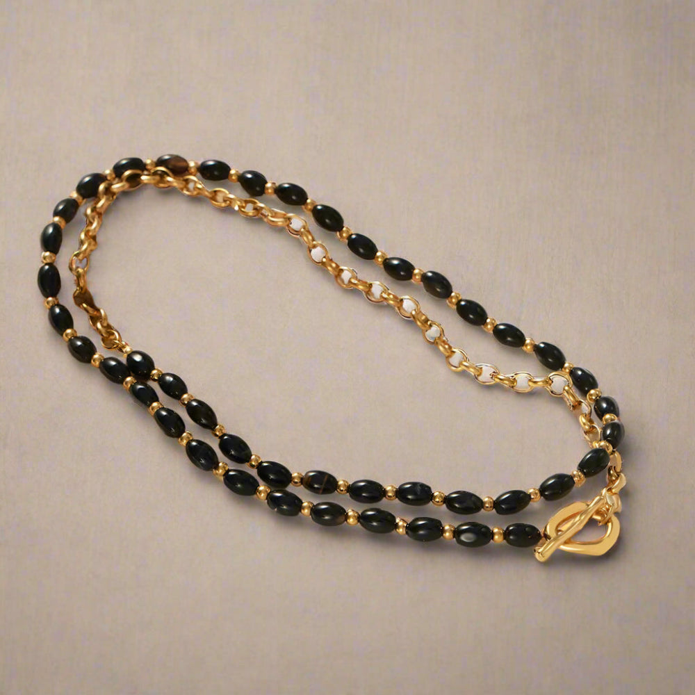 Agate bead necklace 80cm gold-plated chain