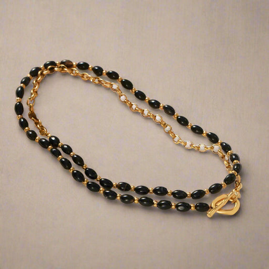 Agate bead necklace 80cm gold-plated chain