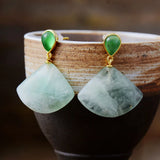 VerdantArt Green Quartz Fan Earrings — Gold Plated & Natural Stone