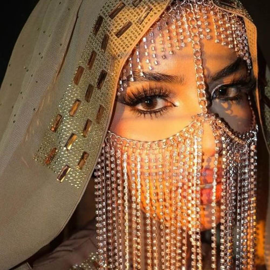 Rhinestone mask with tassel fringe muslim bride
