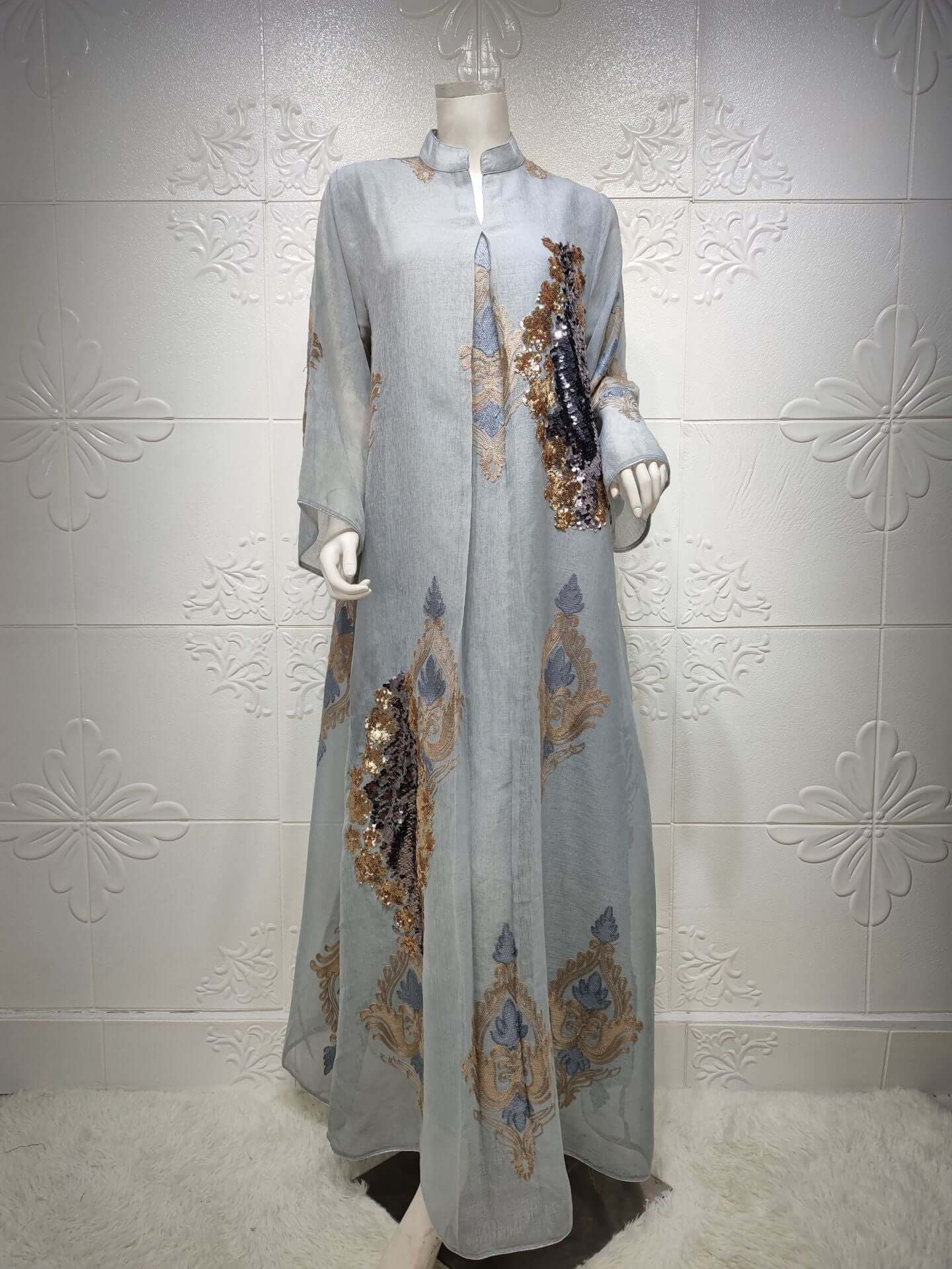 Gray Embroidered Arabic Dress Jalabiya